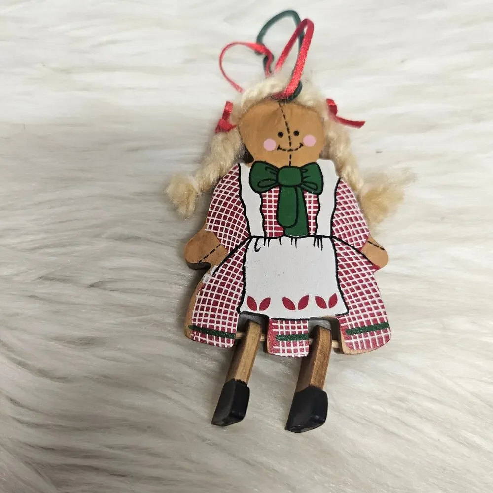 Vintage Wooden Christmas Tree Ornament Girl Blonde Pigtails Folk Art Painted